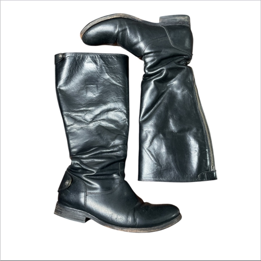 Frye Black Leather Mid-Calf Moto Boots